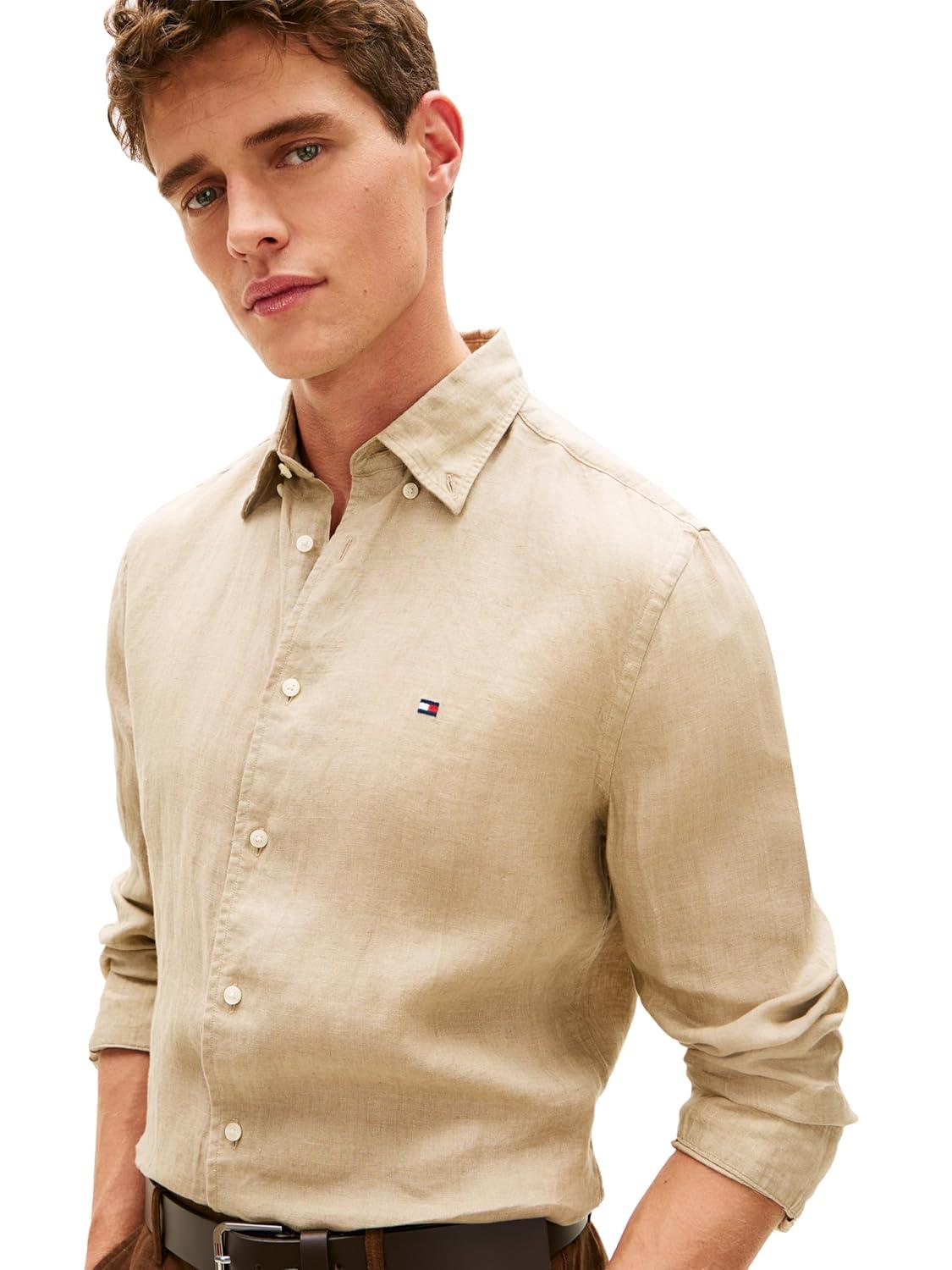 imageTommy Hilfiger Mens Long Sleeve Casual Linen Button Down Shirts in Regular FitSandalwood