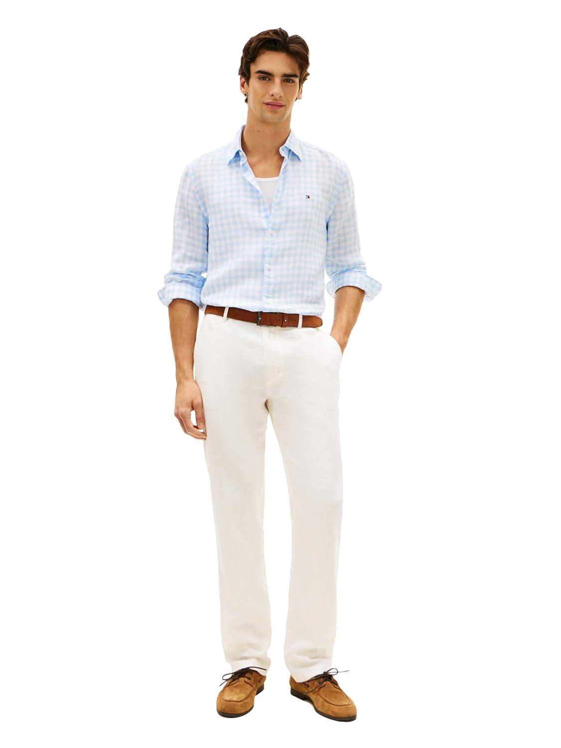 imageTommy Hilfiger Mens Long Sleeve Casual Linen Button Down Shirts in Regular FitSweet Blue Check