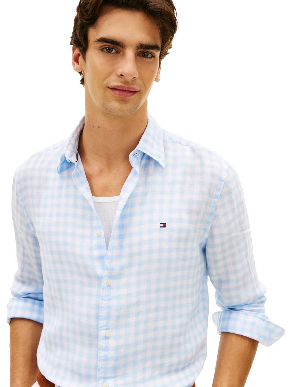 imageTommy Hilfiger Mens Long Sleeve Casual Linen Button Down Shirts in Regular FitSweet Blue Check