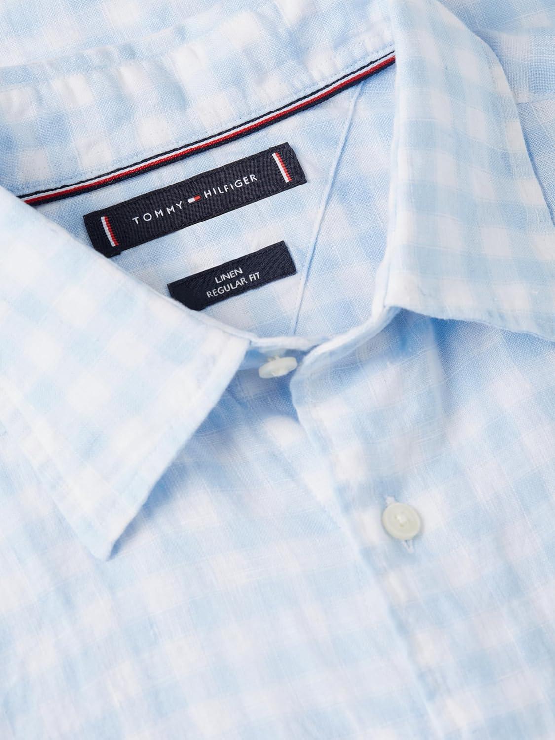 imageTommy Hilfiger Mens Long Sleeve Casual Linen Button Down Shirts in Regular FitSweet Blue Check