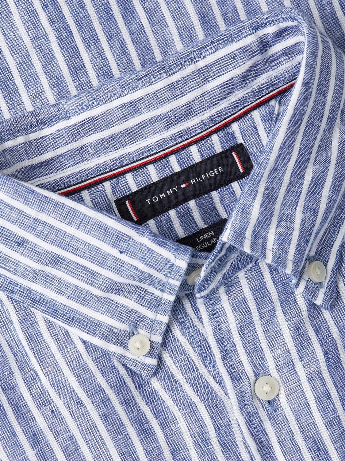 imageTommy Hilfiger Mens Long Sleeve Casual Linen Button Down Shirts in Regular FitWedge Blue Stripe