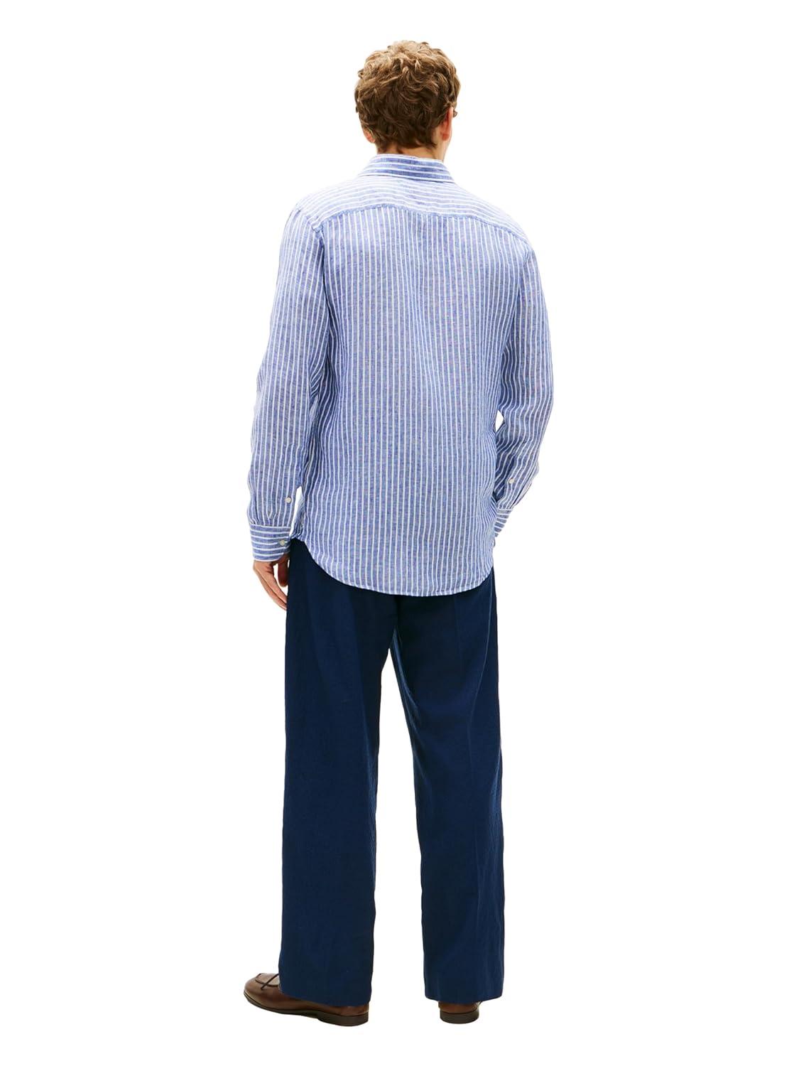 imageTommy Hilfiger Mens Long Sleeve Casual Linen Button Down Shirts in Regular FitWedge Blue Stripe