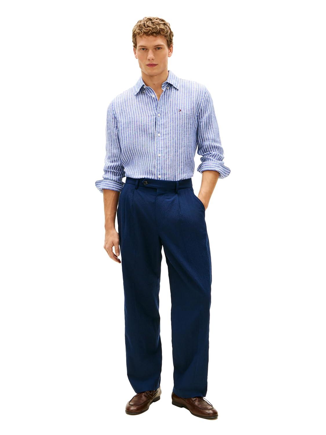 imageTommy Hilfiger Mens Long Sleeve Casual Linen Button Down Shirts in Regular FitWedge Blue Stripe