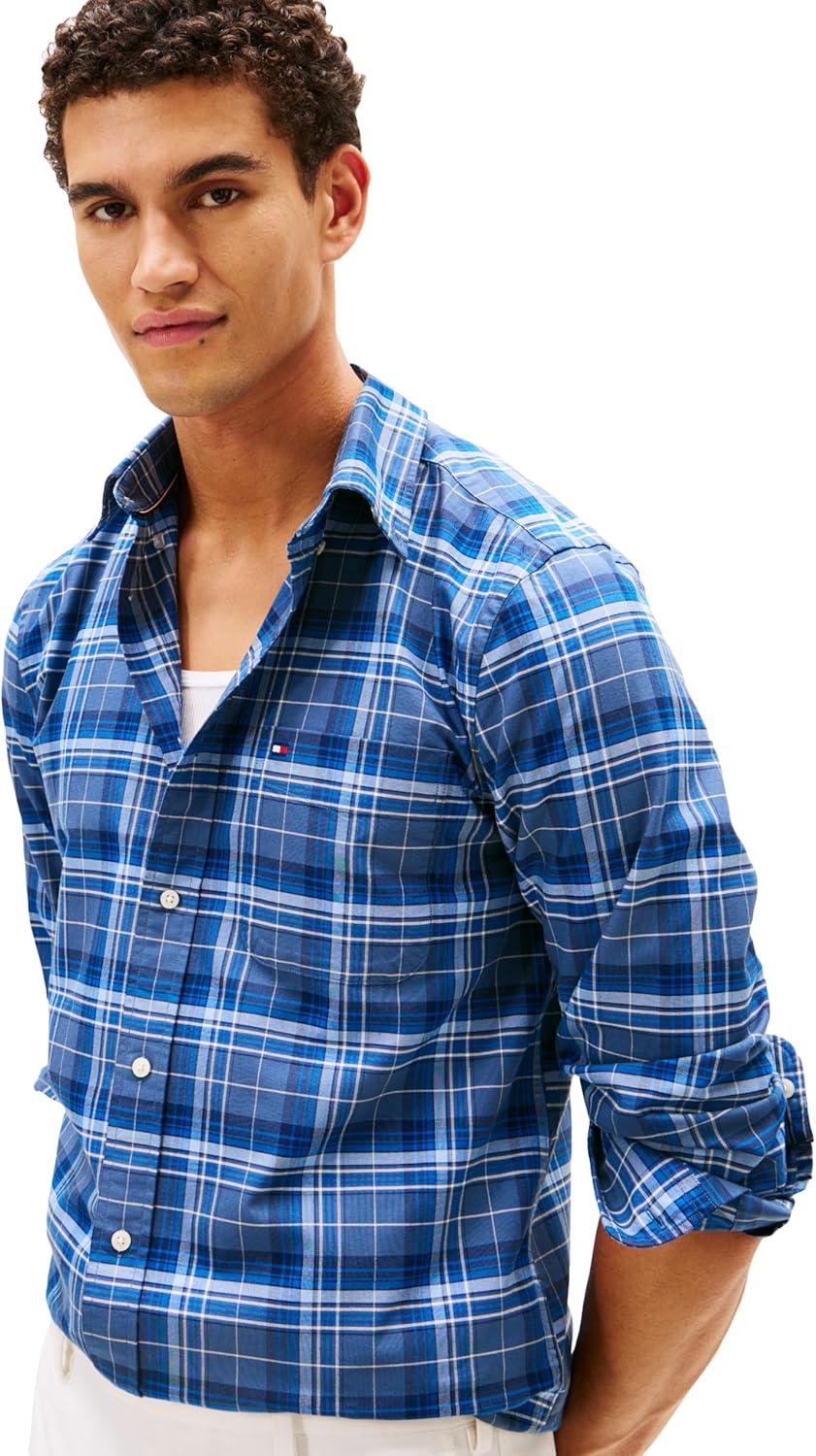 imageTommy Hilfiger Mens Long Sleeve Oxford Shirts in Regular Fit Mens Button Down Shirts Also Available in Big and TallAegean Sea Plaid