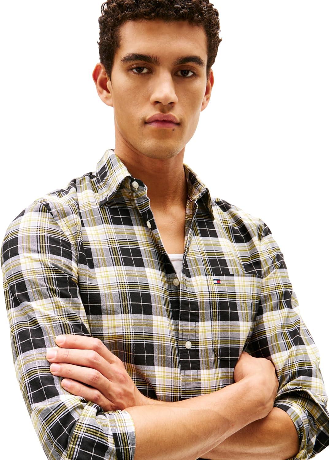 imageTommy Hilfiger Mens Long Sleeve Oxford Shirts in Regular Fit Mens Button Down Shirts Also Available in Big and TallBlack Plaid
