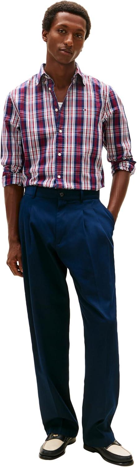 imageTommy Hilfiger Mens Long Sleeve Poplin Shirts in Regular Fit Mens Button Down Shirts Also Available in Big and TallPreppy Navy Check