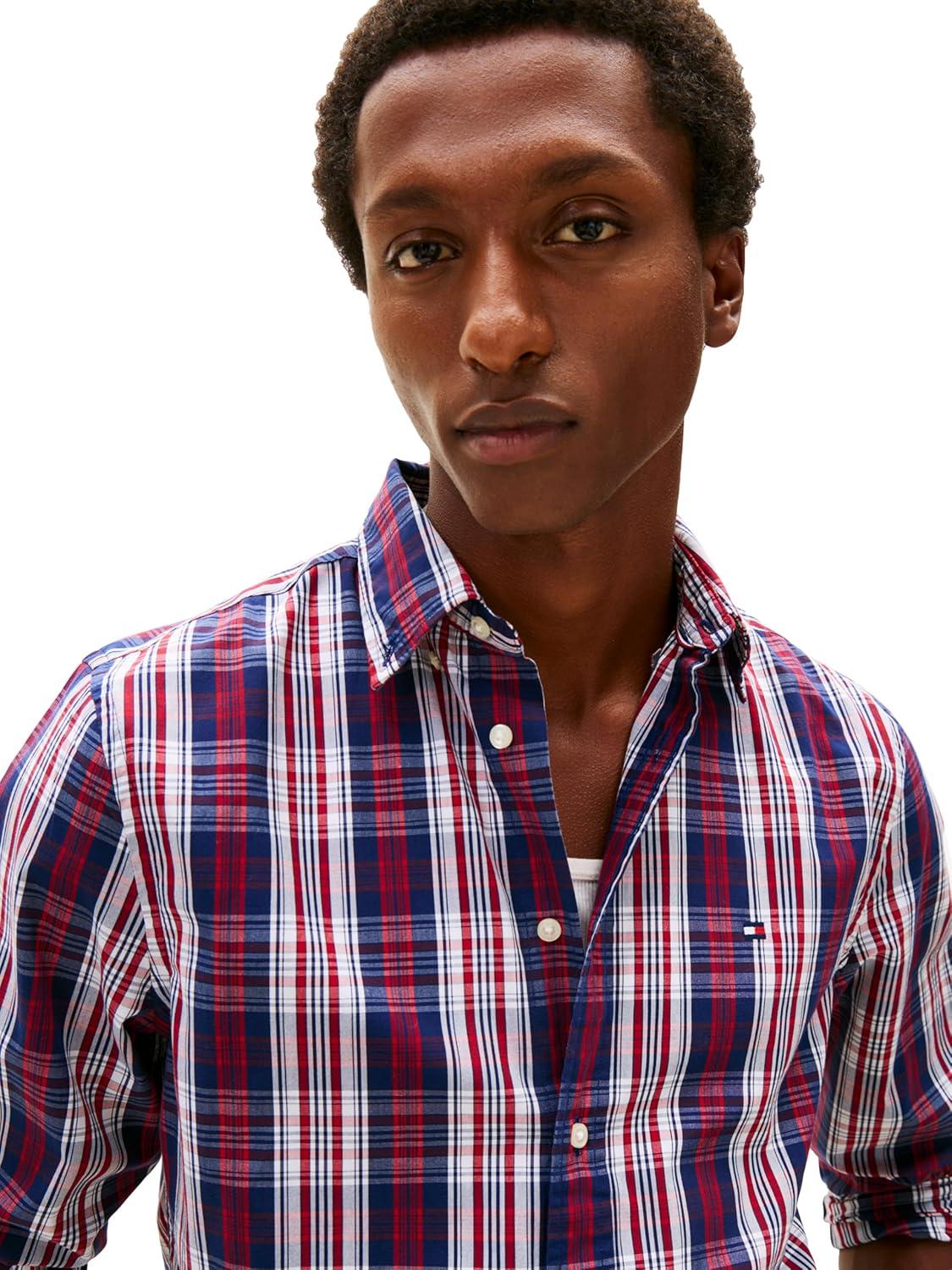 imageTommy Hilfiger Mens Long Sleeve Poplin Shirts in Regular Fit Mens Button Down Shirts Also Available in Big and TallPreppy Navy Check
