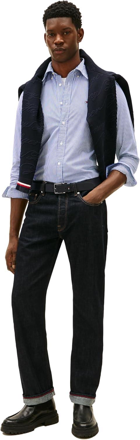 imageTommy Hilfiger Mens Long Sleeve Poplin Shirts in Regular Fit Mens Button Down Shirts Also Available in Big and TallWedge Blue Stripe