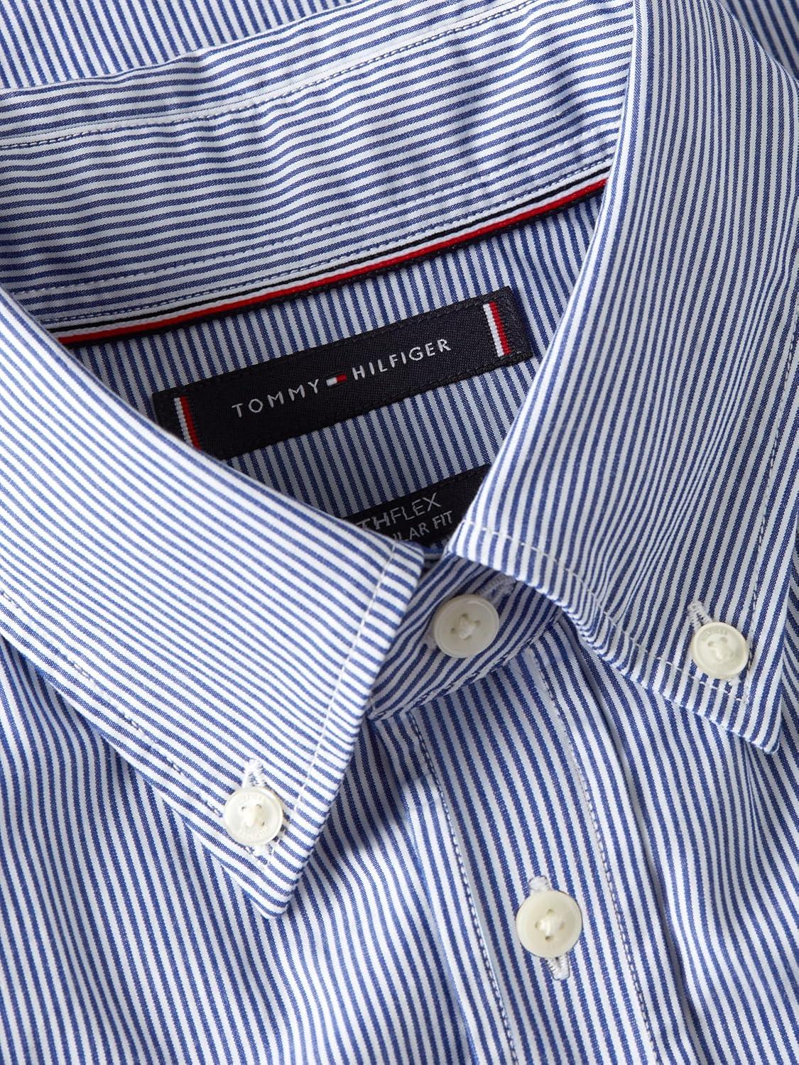 imageTommy Hilfiger Mens Long Sleeve Poplin Shirts in Regular Fit Mens Button Down Shirts Also Available in Big and TallWedge Blue Stripe