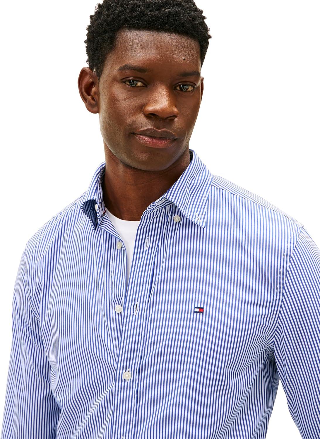 imageTommy Hilfiger Mens Long Sleeve Poplin Shirts in Regular Fit Mens Button Down Shirts Also Available in Big and TallWedge Blue Stripe