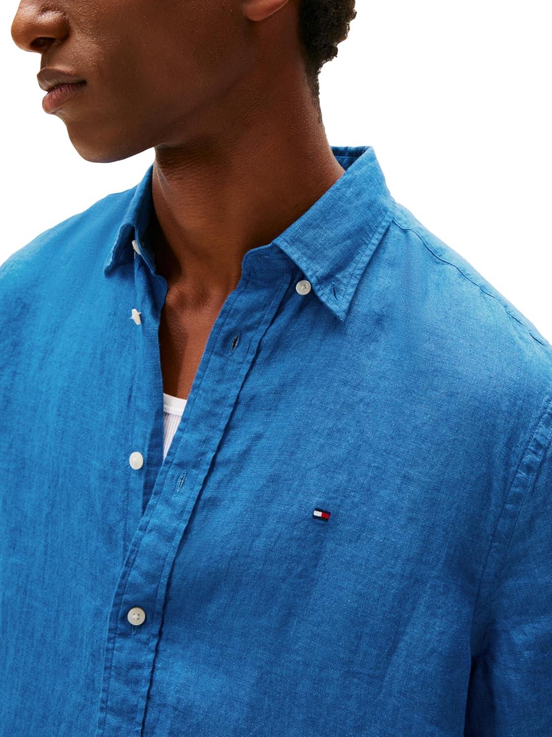 imageTommy Hilfiger Mens Short Sleeve Casual Linen Button Down Shirts in Regular FitBlue Orbit