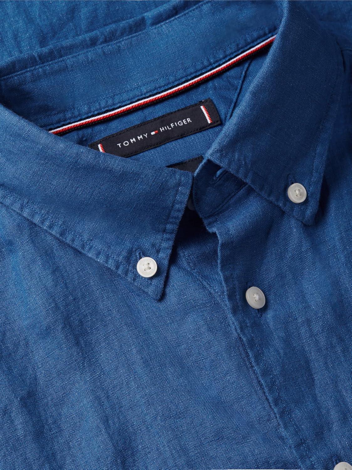 imageTommy Hilfiger Mens Short Sleeve Casual Linen Button Down Shirts in Regular FitBlue Orbit