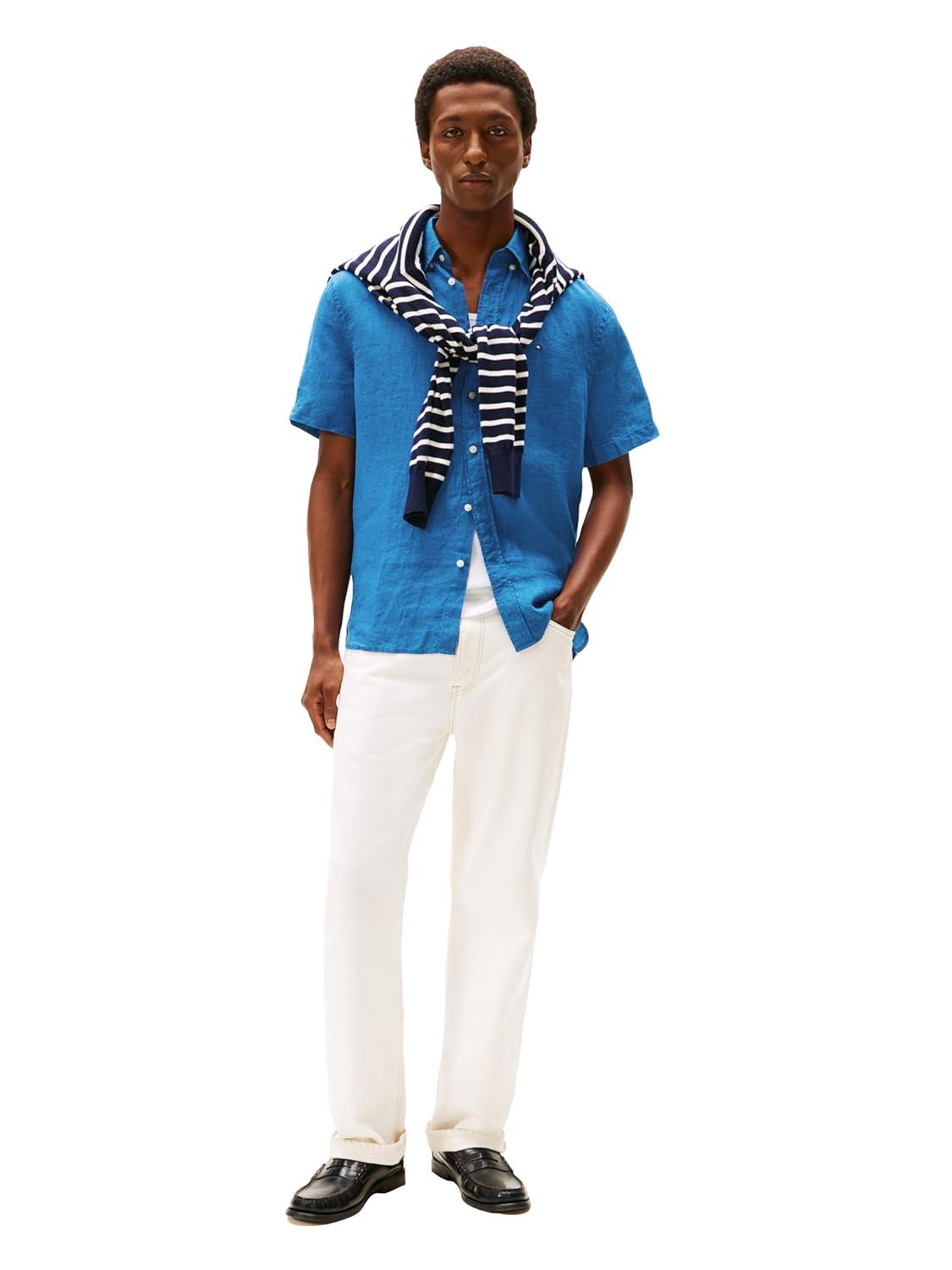 imageTommy Hilfiger Mens Short Sleeve Casual Linen Button Down Shirts in Regular FitBlue Orbit