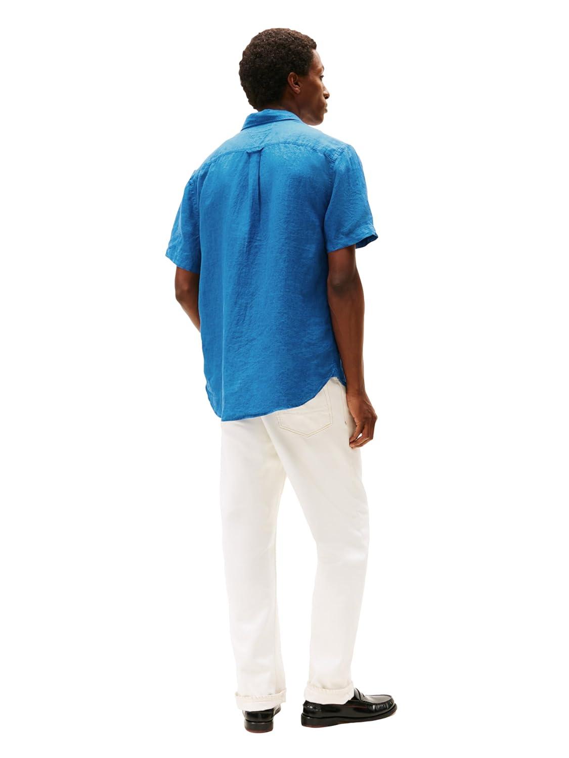 imageTommy Hilfiger Mens Short Sleeve Casual Linen Button Down Shirts in Regular FitBlue Orbit
