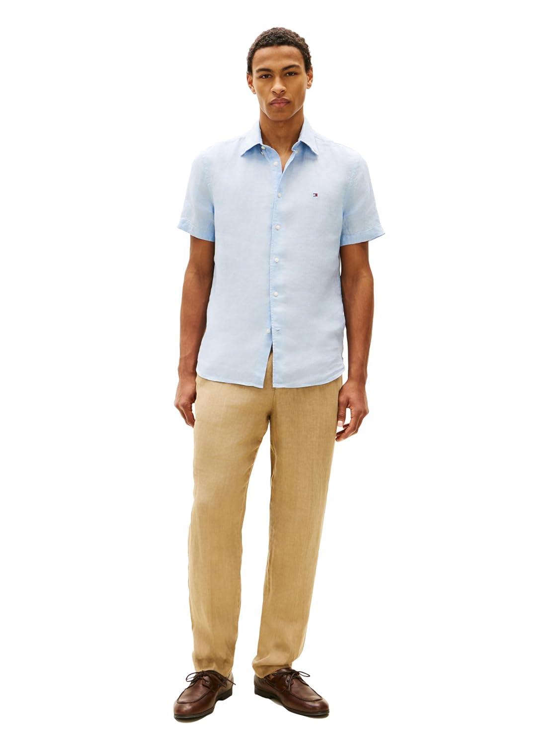imageTommy Hilfiger Mens Short Sleeve Casual Linen Button Down Shirts in Regular FitBreezy Blue