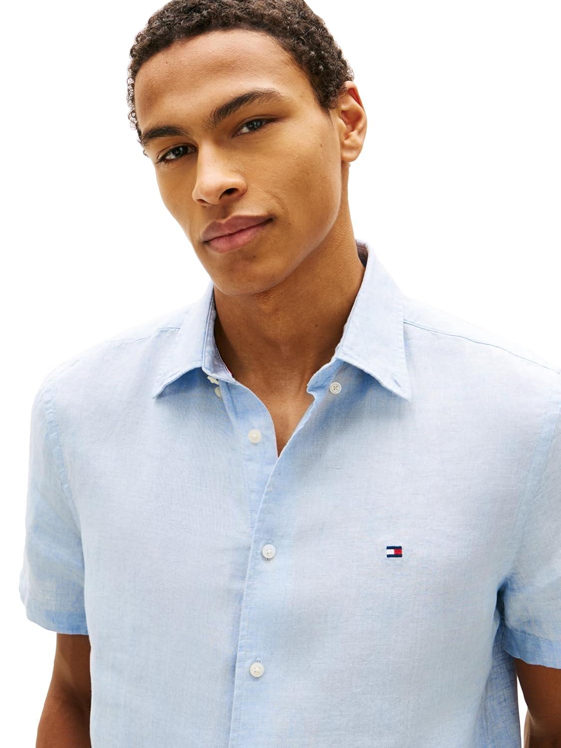 imageTommy Hilfiger Mens Short Sleeve Casual Linen Button Down Shirts in Regular FitBreezy Blue