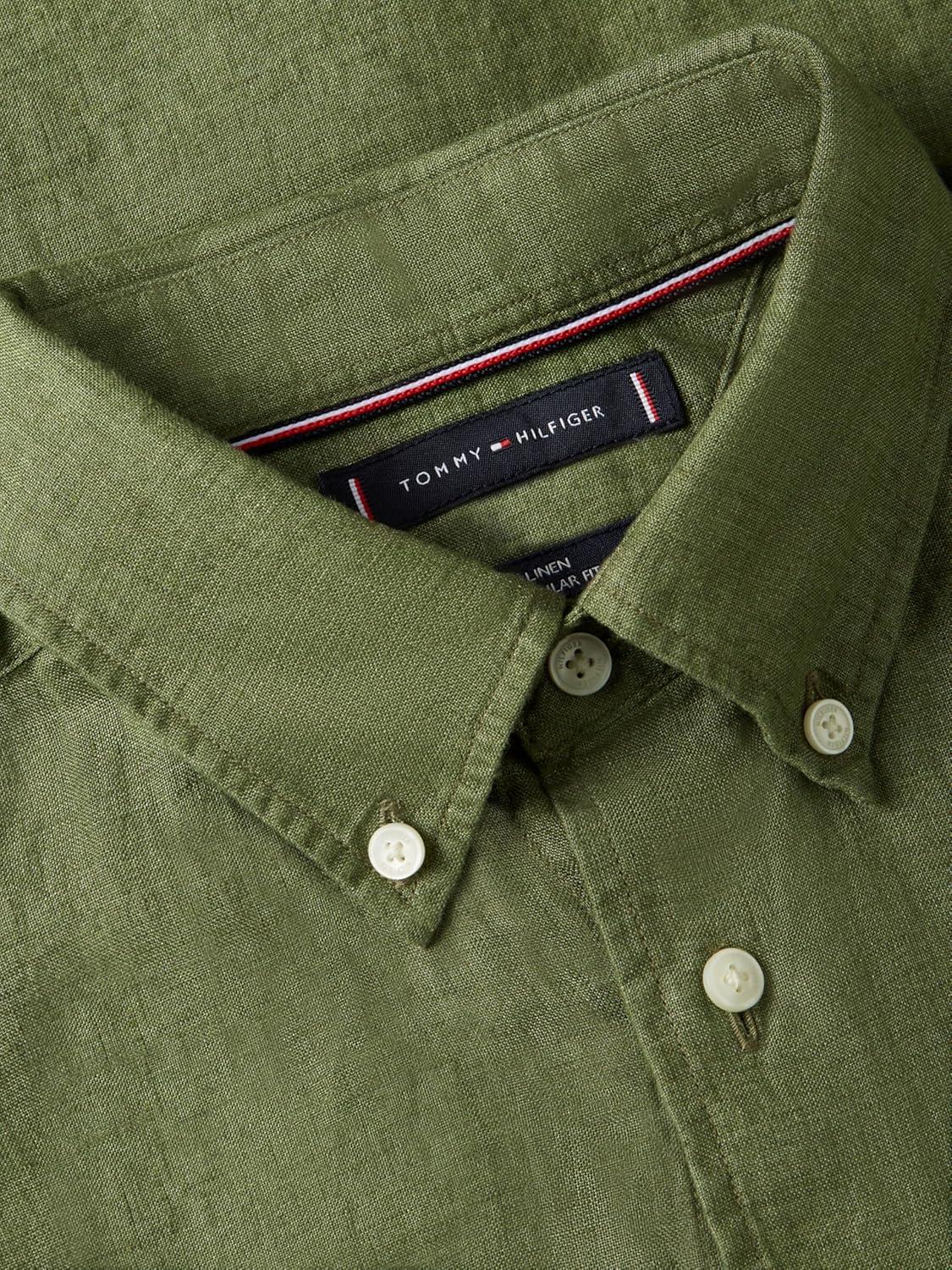 imageTommy Hilfiger Mens Short Sleeve Casual Linen Button Down Shirts in Regular FitDark Artichoke
