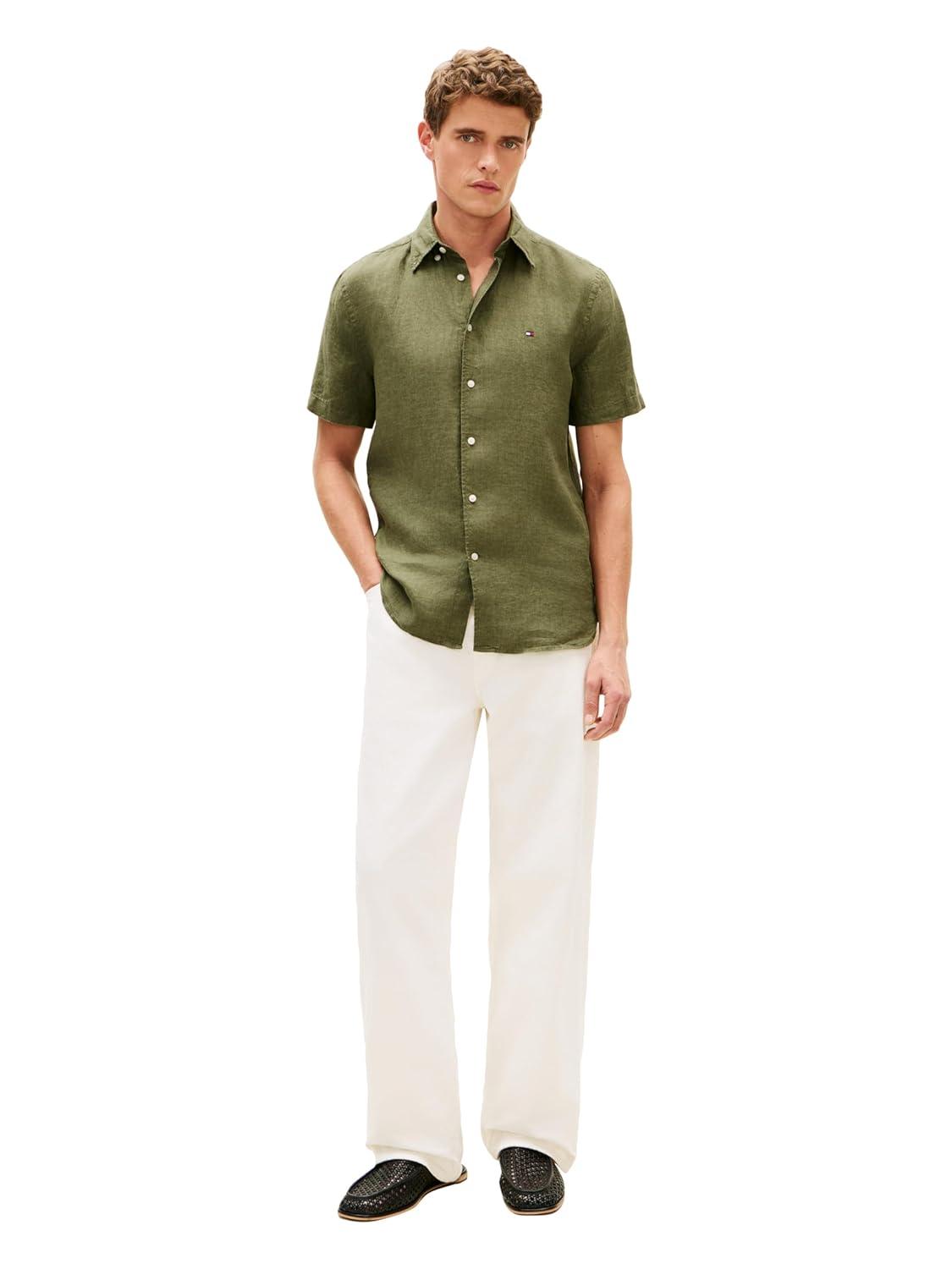 imageTommy Hilfiger Mens Short Sleeve Casual Linen Button Down Shirts in Regular FitDark Artichoke