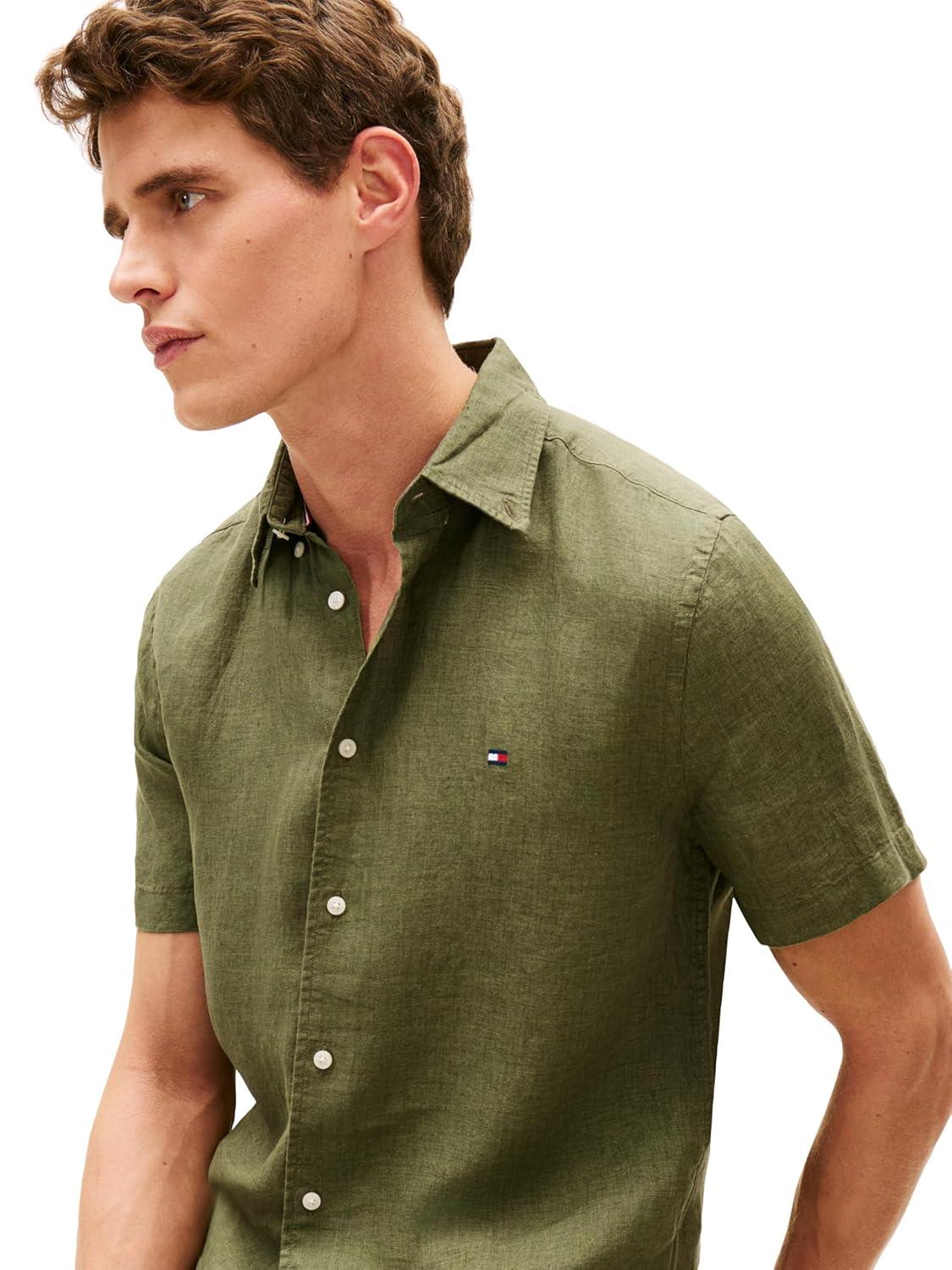 imageTommy Hilfiger Mens Short Sleeve Casual Linen Button Down Shirts in Regular FitDark Artichoke