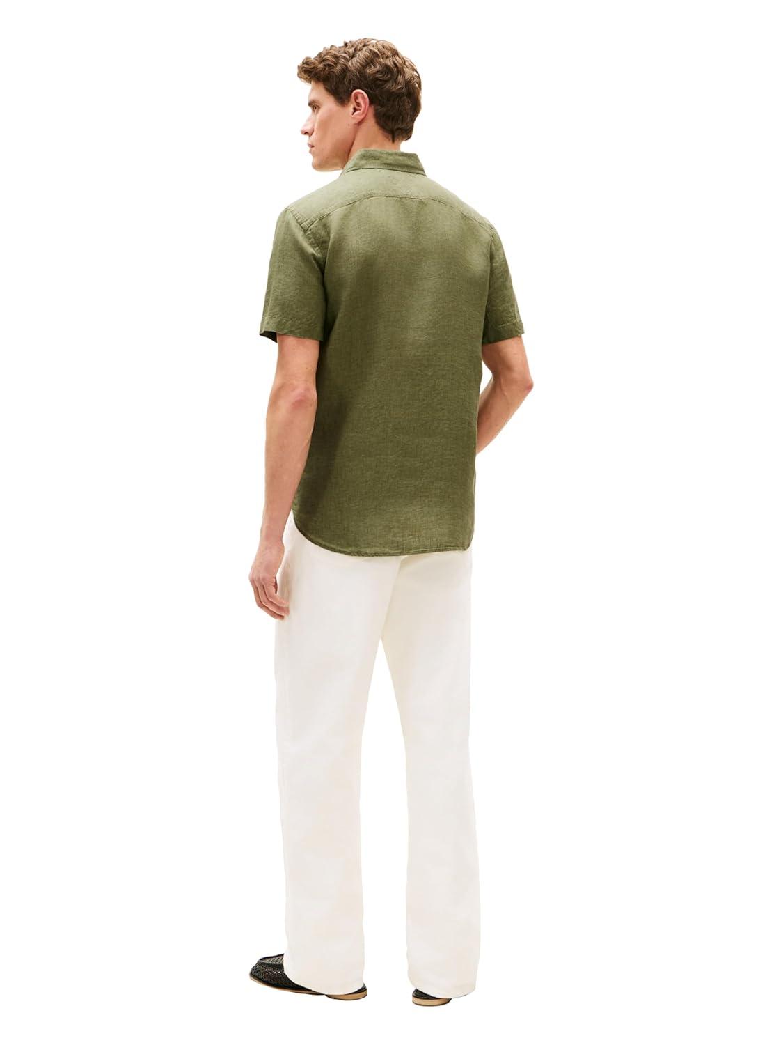 imageTommy Hilfiger Mens Short Sleeve Casual Linen Button Down Shirts in Regular FitDark Artichoke