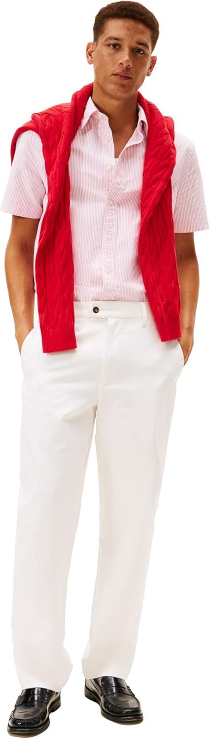 imageTommy Hilfiger Mens Short Sleeve Oxford Shirts in Regular Fit Mens Button Down ShirtsVintage Red Stripe