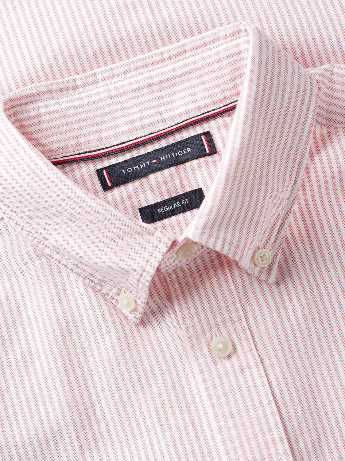 imageTommy Hilfiger Mens Short Sleeve Oxford Shirts in Regular Fit Mens Button Down ShirtsVintage Red Stripe