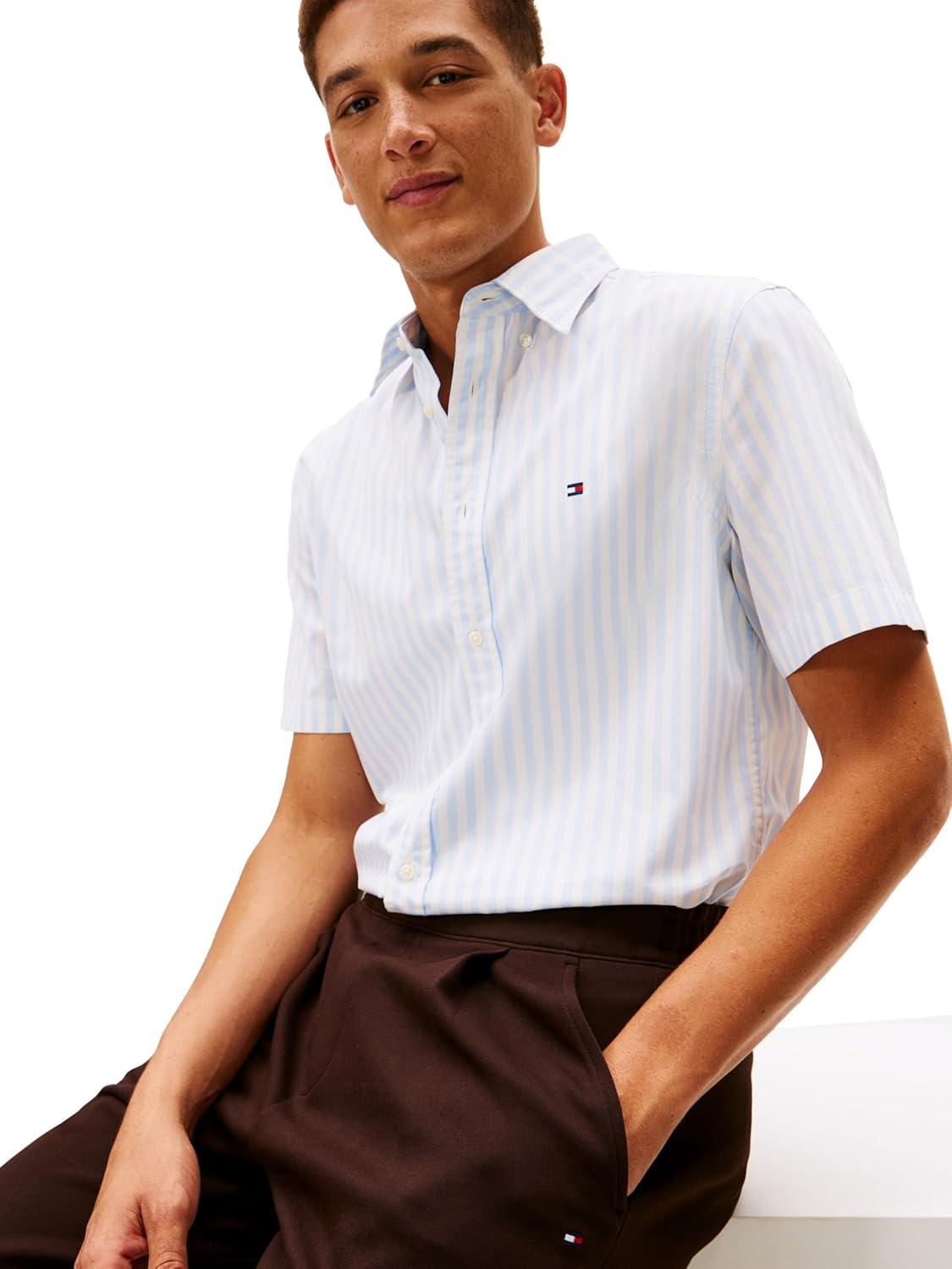 imageTommy Hilfiger Mens Short Sleeve Poplin Shirts in Regular Fit Mens Button Down ShirtsSweet Blue Stripe