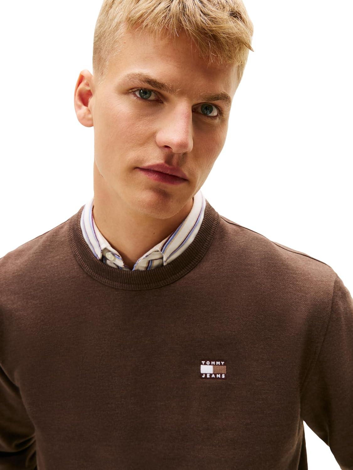 imageTommy Jeans mens Medium Weight Crewneck Sweatshirt With Embroidered Flag LogoBlack Walnut Heather