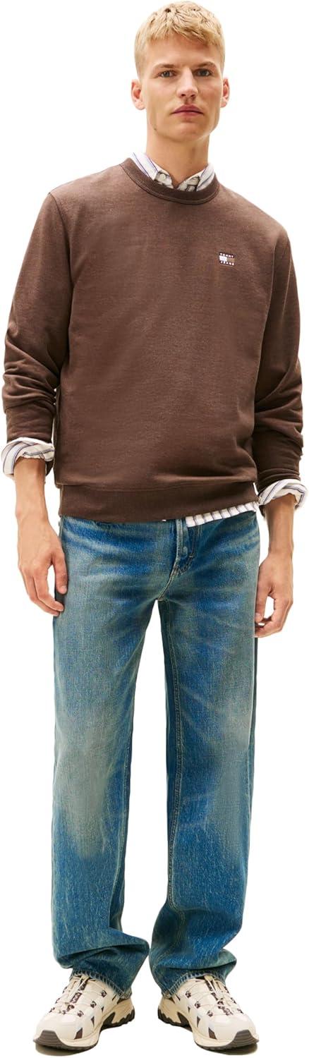 imageTommy Jeans mens Medium Weight Crewneck Sweatshirt With Embroidered Flag LogoBlack Walnut Heather