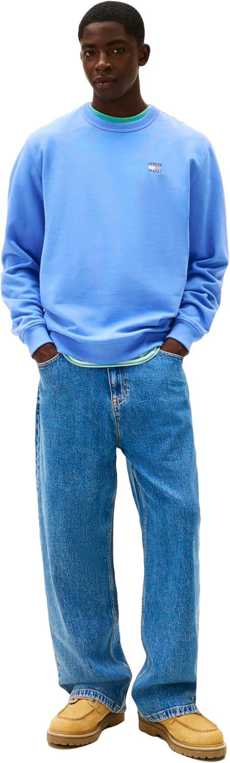 imageTommy Jeans mens Medium Weight Crewneck Sweatshirt With Embroidered Flag LogoLight Horizon Blue Heather