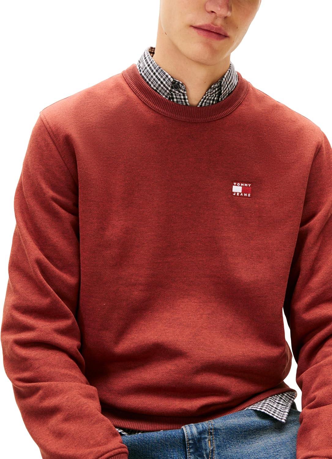 imageTommy Jeans mens Medium Weight Crewneck Sweatshirt With Embroidered Flag LogoTerracotta Red Heather