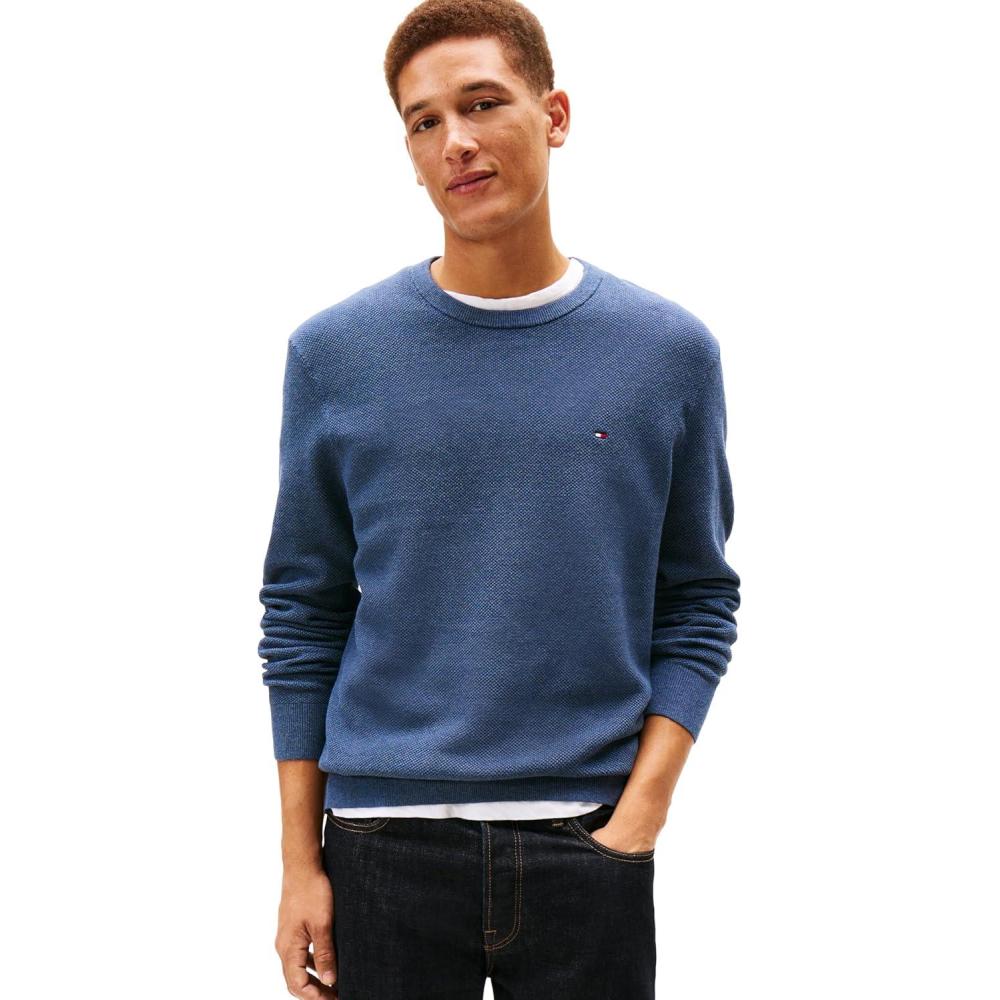 imageTommy Hilfiger Mens Cotton Solid Structured Crewneck Sweater PulloverAegean Sea