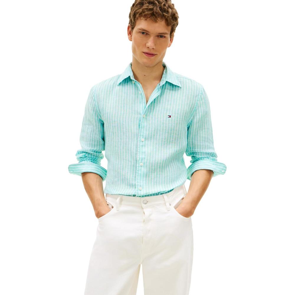 imageTommy Hilfiger Mens Long Sleeve Casual Linen Button Down Shirts in Regular FitArctic Aqua  Stripe