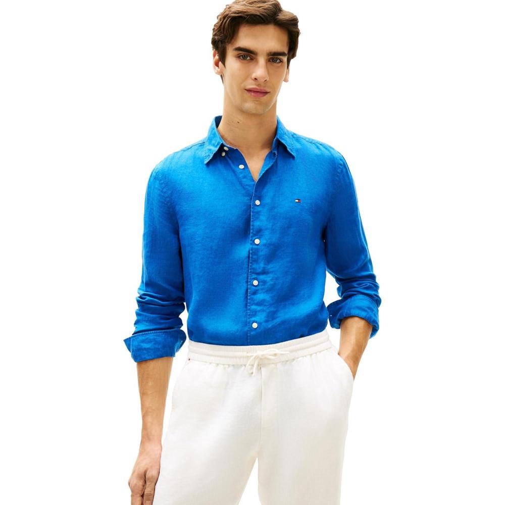 imageTommy Hilfiger Mens Long Sleeve Casual Linen Button Down Shirts in Regular FitBlue Orbit