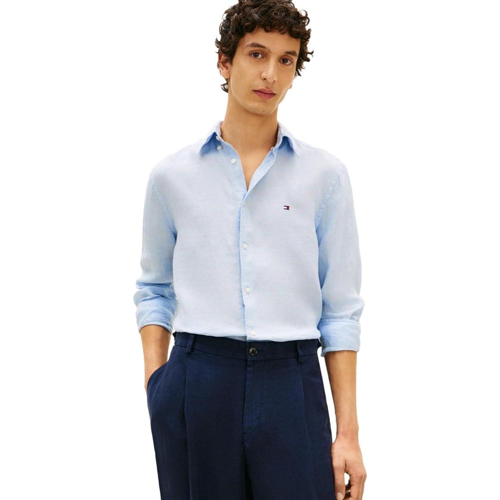 imageTommy Hilfiger Mens Long Sleeve Casual Linen Button Down Shirts in Regular FitBreezy Blue