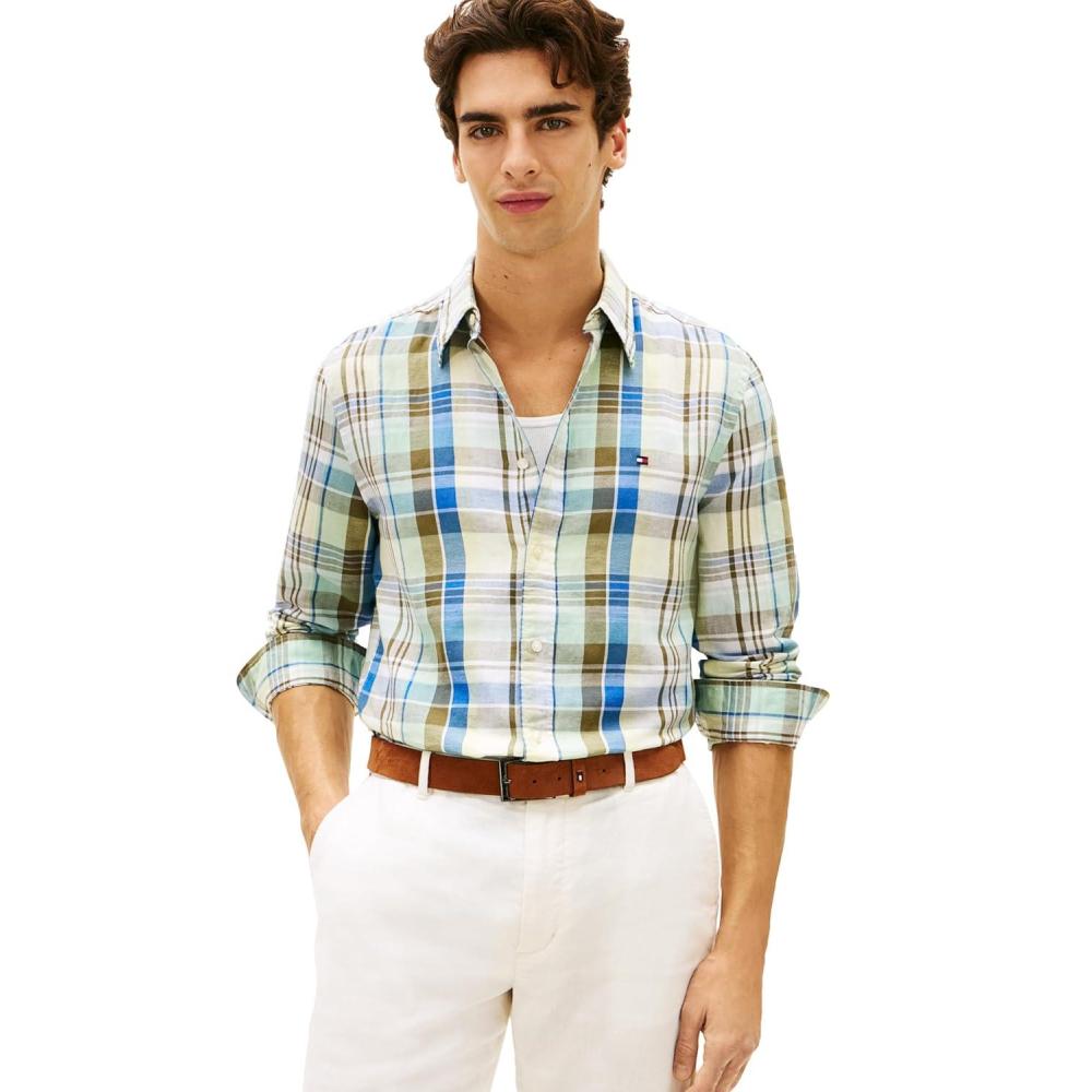 imageTommy Hilfiger Mens Long Sleeve Casual Linen Button Down Shirts in Regular FitCitronella Check