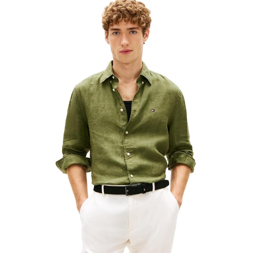 imageTommy Hilfiger Mens Long Sleeve Casual Linen Button Down Shirts in Regular FitDark Artichoke