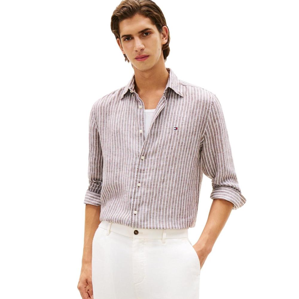 imageTommy Hilfiger Mens Long Sleeve Casual Linen Button Down Shirts in Regular FitLegacy Brown  Stripe