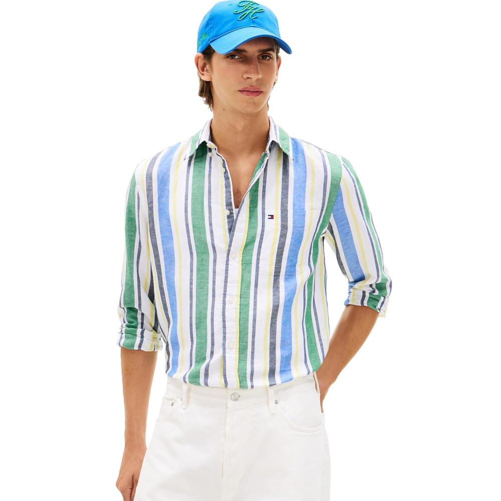 imageTommy Hilfiger Mens Long Sleeve Casual Linen Button Down Shirts in Regular FitNouveau Green  Stripe