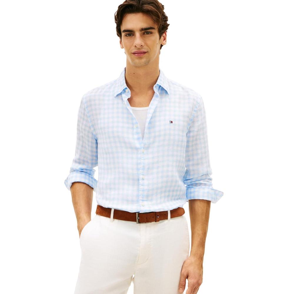 imageTommy Hilfiger Mens Long Sleeve Casual Linen Button Down Shirts in Regular FitSweet Blue Check