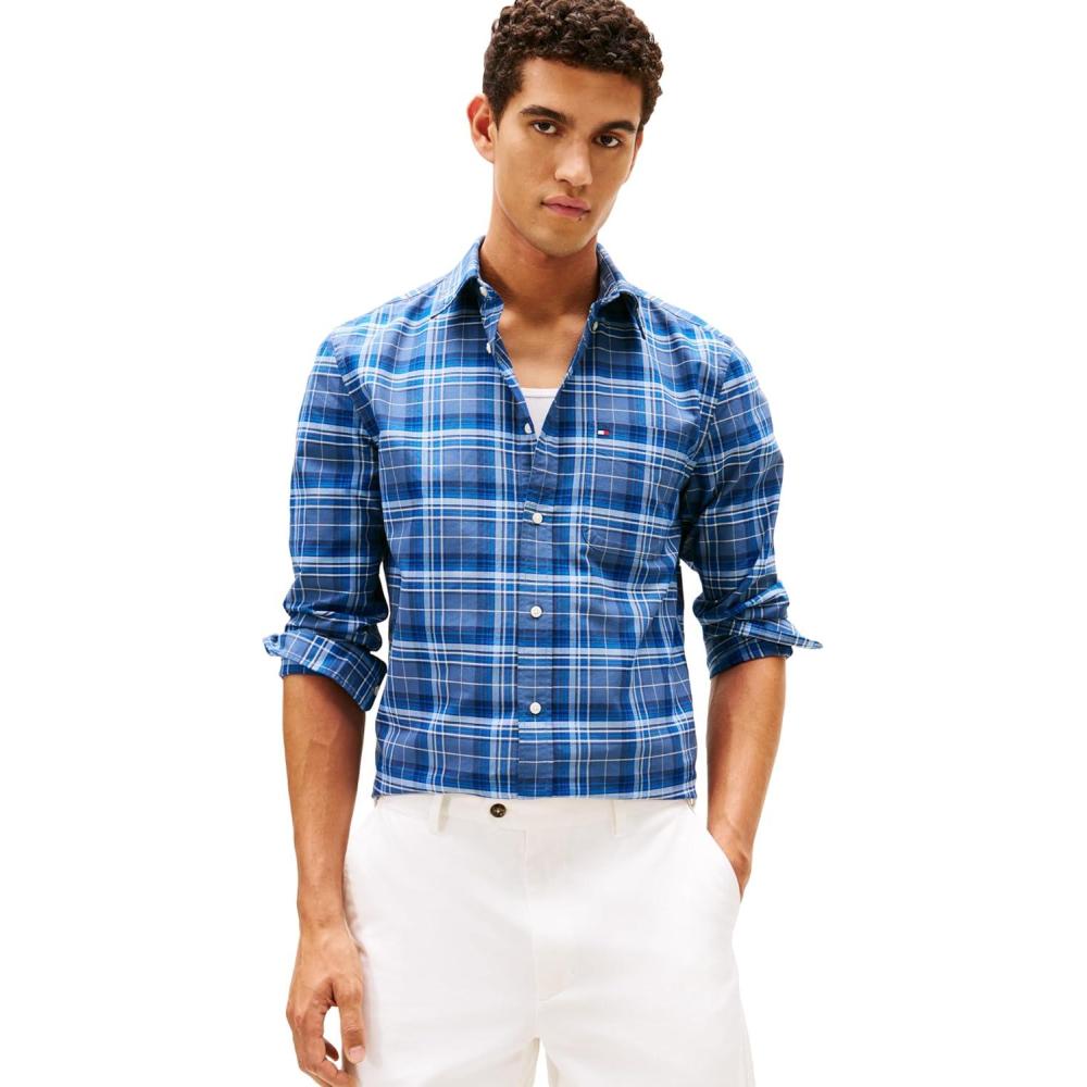 imageTommy Hilfiger Mens Long Sleeve Oxford Shirts in Regular Fit Mens Button Down Shirts Also Available in Big and TallAegean Sea Plaid