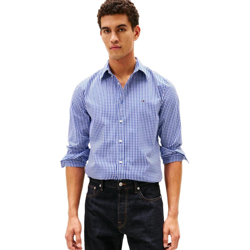 imageTommy Hilfiger Mens Long Sleeve Poplin Shirts in Regular Fit Mens Button Down Shirts Also Available in Big and TallWedge Blue Check