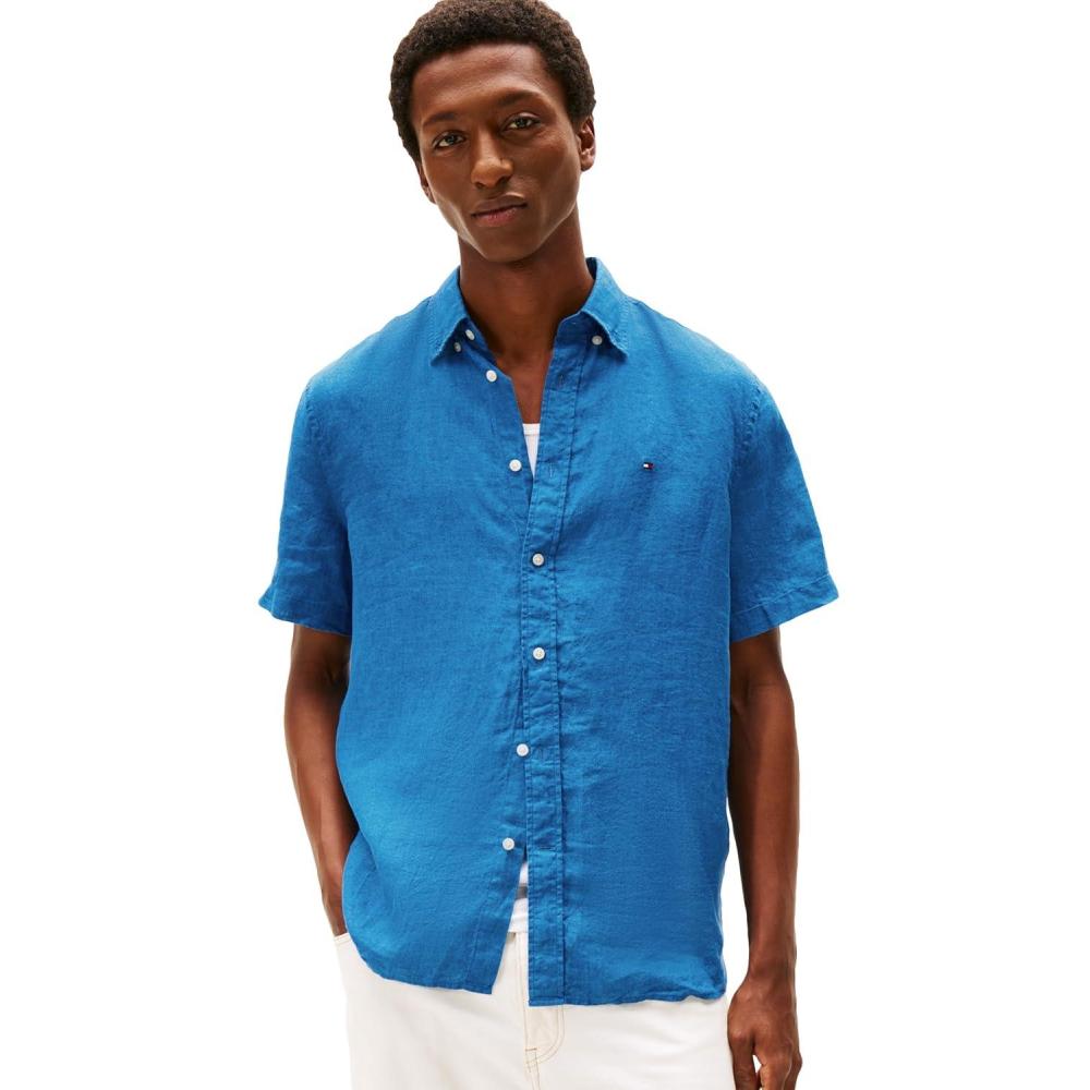 imageTommy Hilfiger Mens Short Sleeve Casual Linen Button Down Shirts in Regular FitBlue Orbit