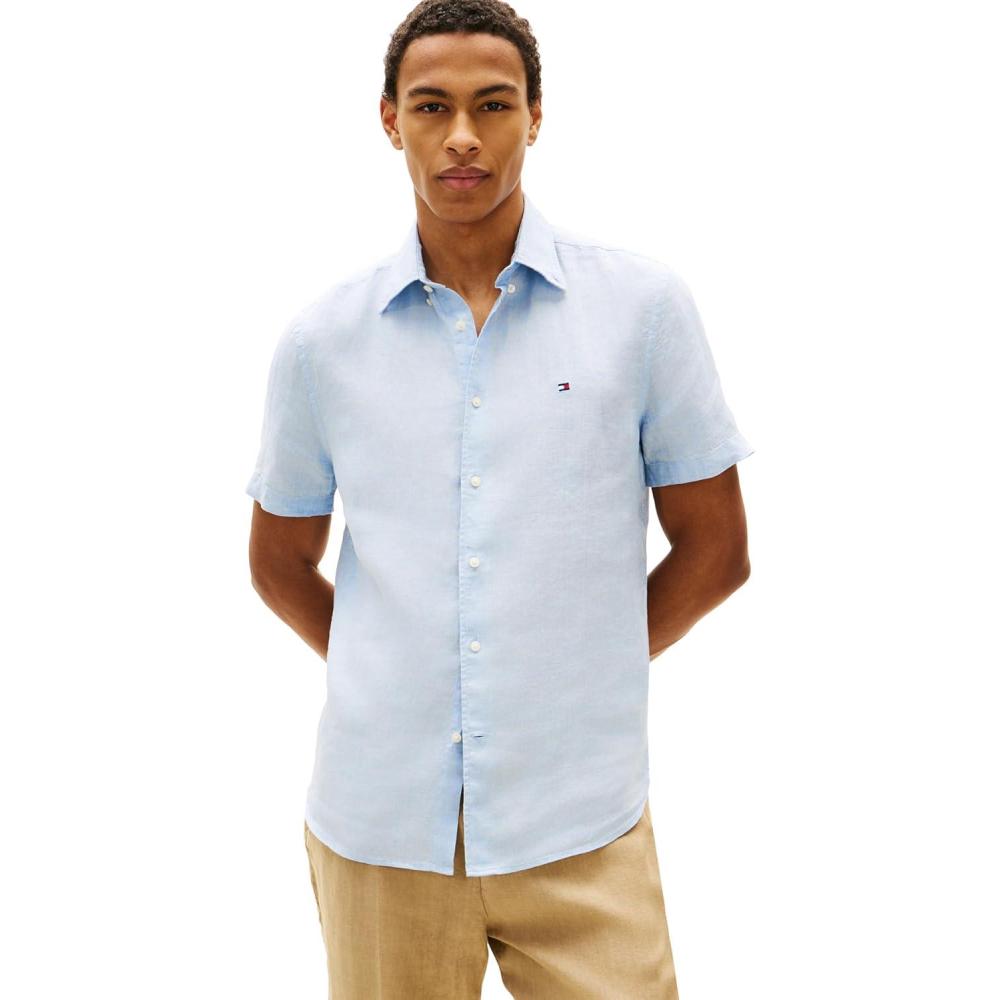imageTommy Hilfiger Mens Short Sleeve Casual Linen Button Down Shirts in Regular FitBreezy Blue