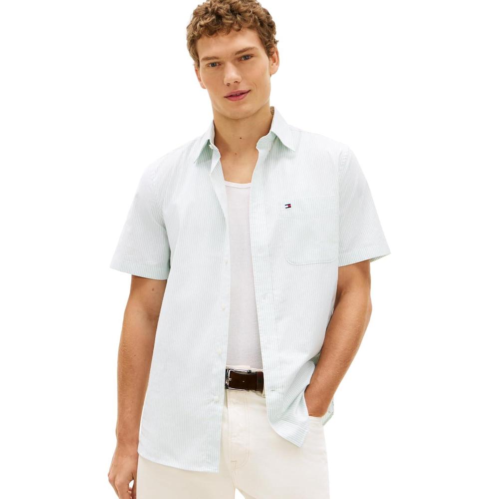 imageTommy Hilfiger Mens Short Sleeve Oxford Shirts in Regular Fit Mens Button Down ShirtsCrushed Mint Stripe