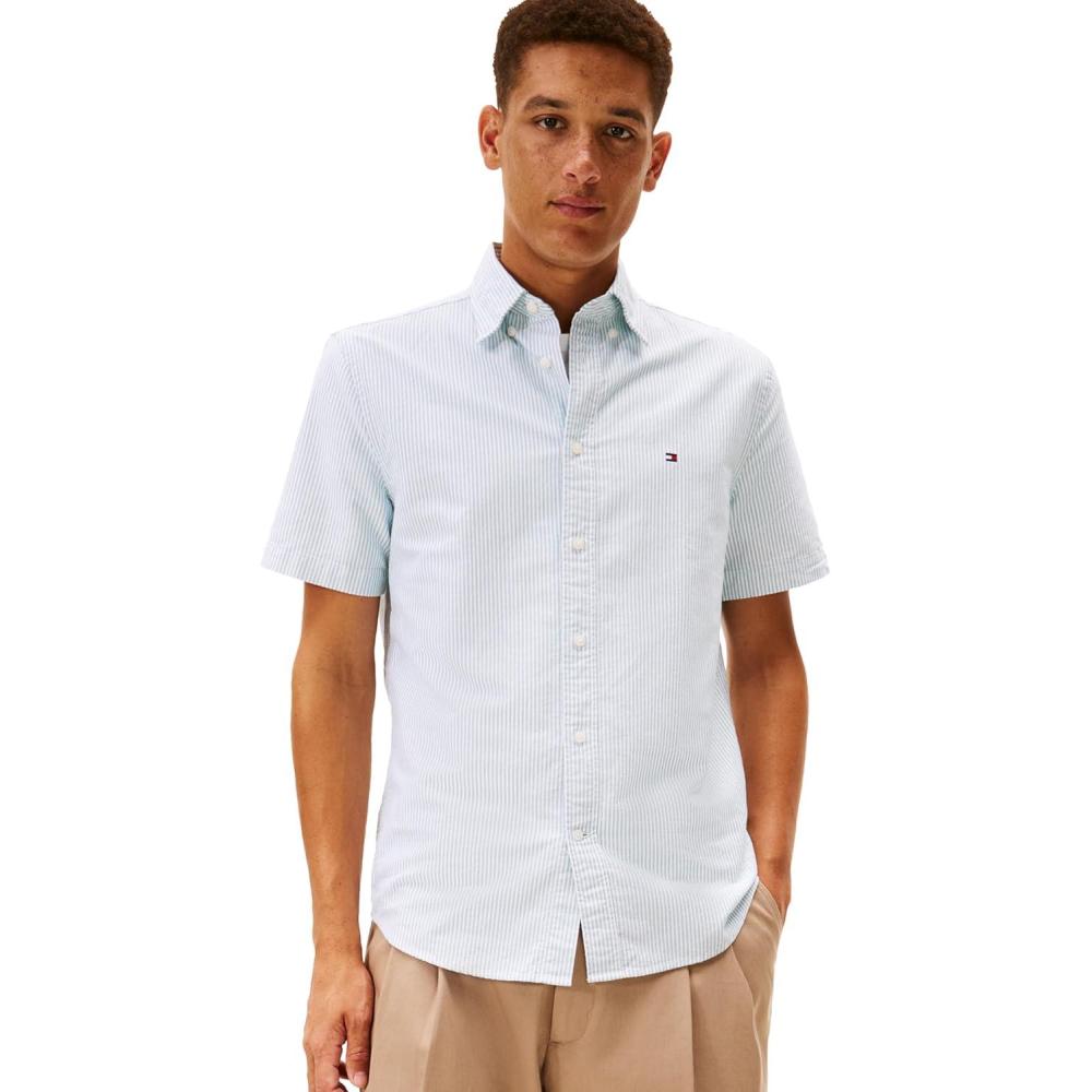 imageTommy Hilfiger Mens Short Sleeve Oxford Shirts in Regular Fit Mens Button Down ShirtsDeep Ocean Stripe