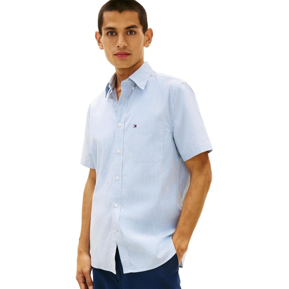 imageTommy Hilfiger Mens Short Sleeve Oxford Shirts in Regular Fit Mens Button Down ShirtsShirt Blue Stripe