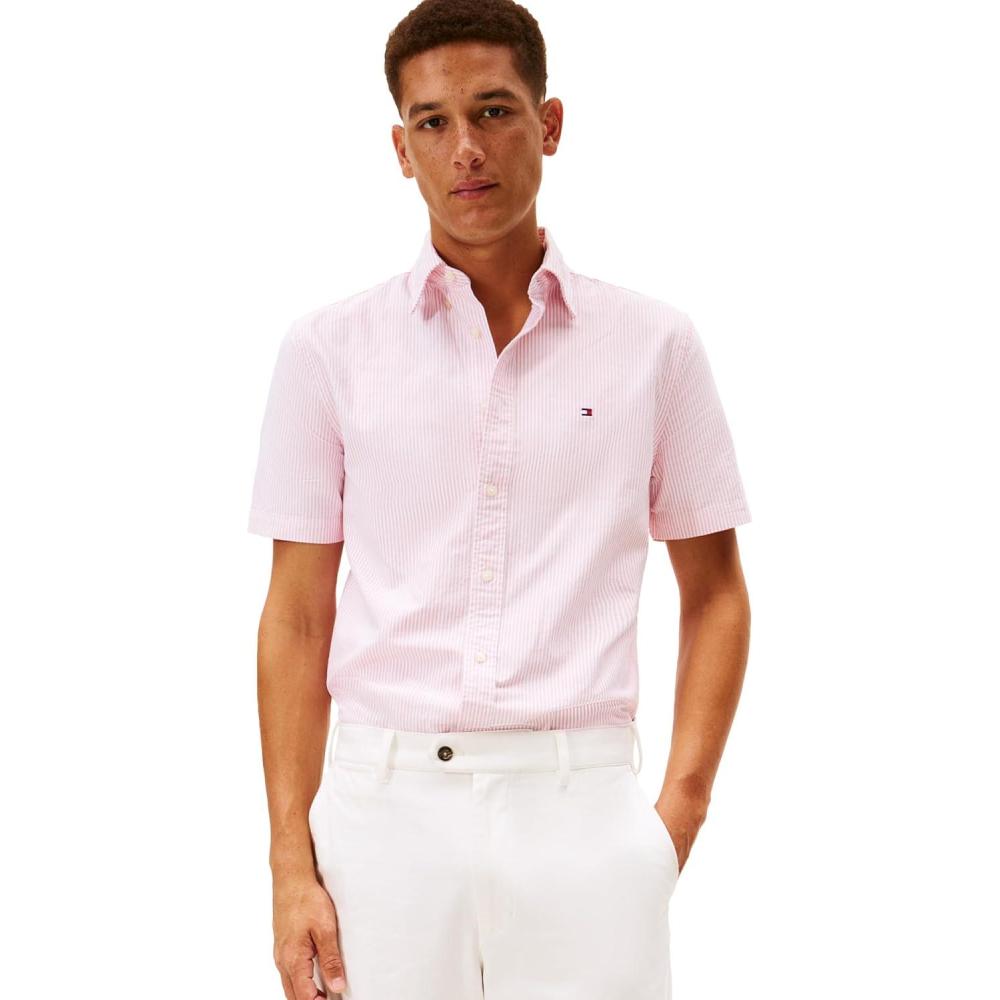 imageTommy Hilfiger Mens Short Sleeve Oxford Shirts in Regular Fit Mens Button Down ShirtsVintage Red Stripe