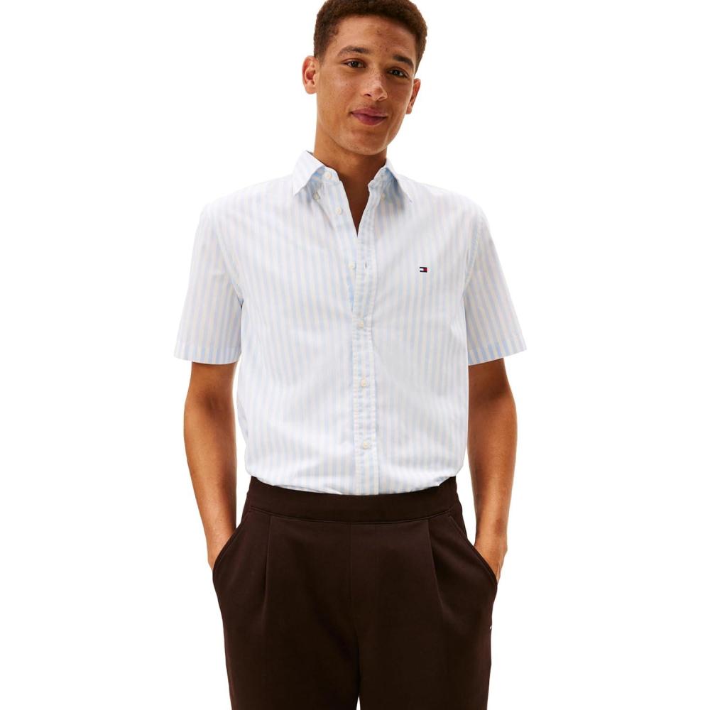 imageTommy Hilfiger Mens Short Sleeve Poplin Shirts in Regular Fit Mens Button Down ShirtsSweet Blue Stripe