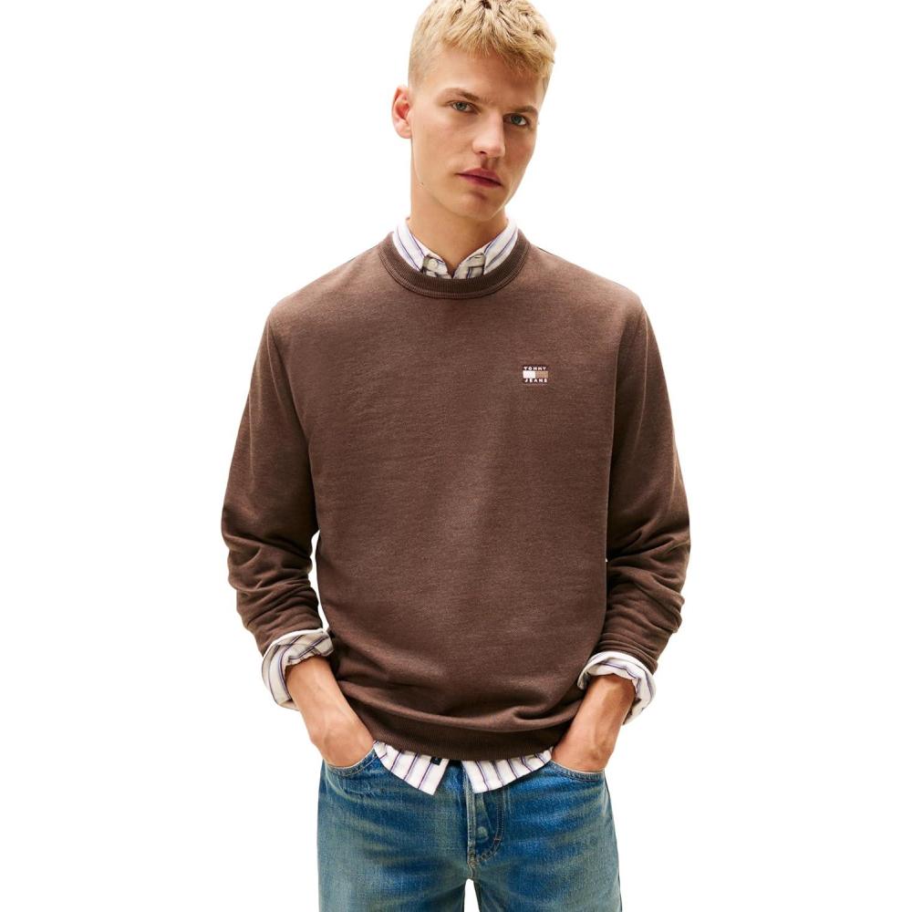 imageTommy Jeans mens Medium Weight Crewneck Sweatshirt With Embroidered Flag LogoBlack Walnut Heather